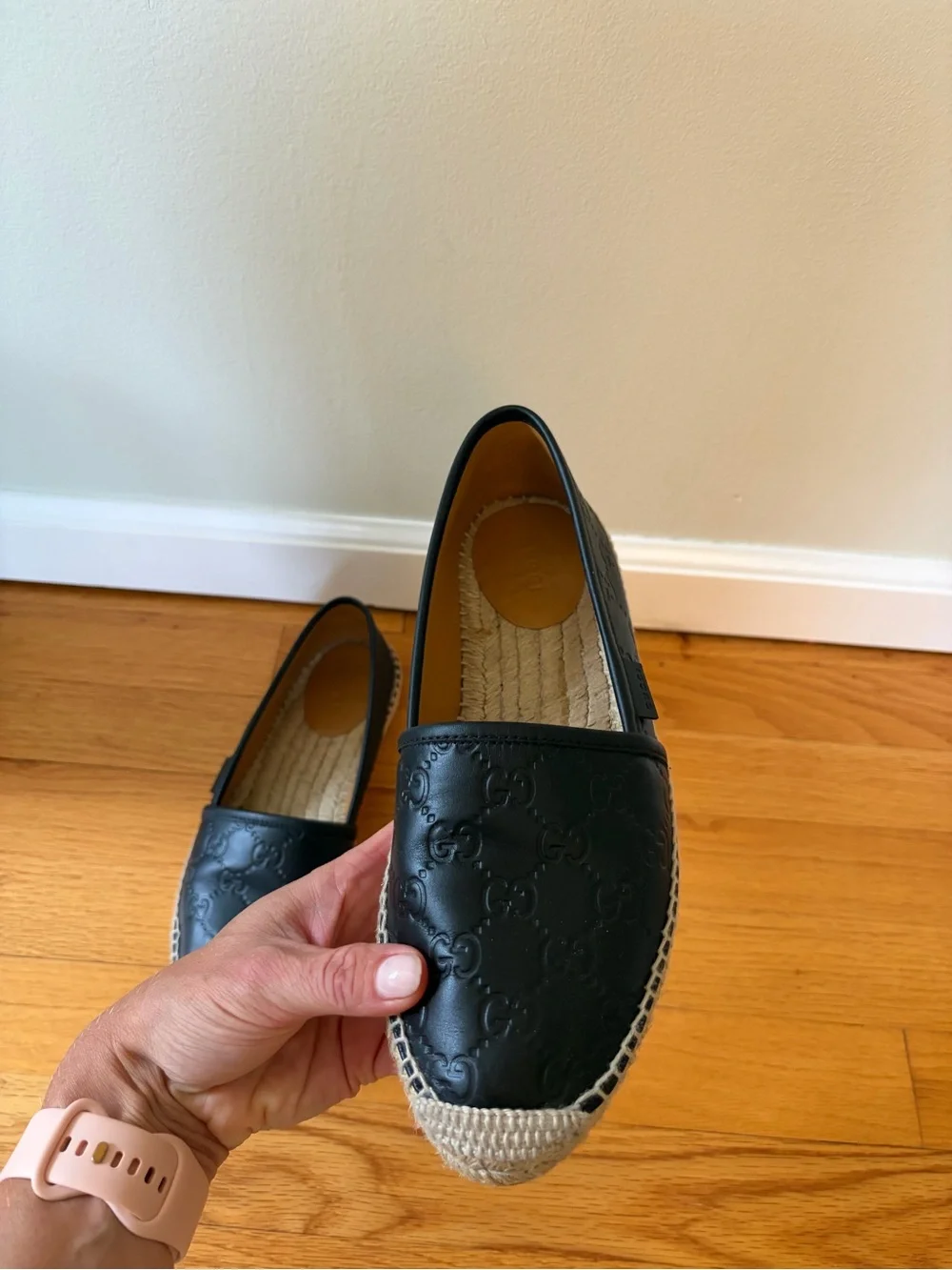 Gucci Black Leather Espadrille Slip On Microguccisima leather women size 38 flat